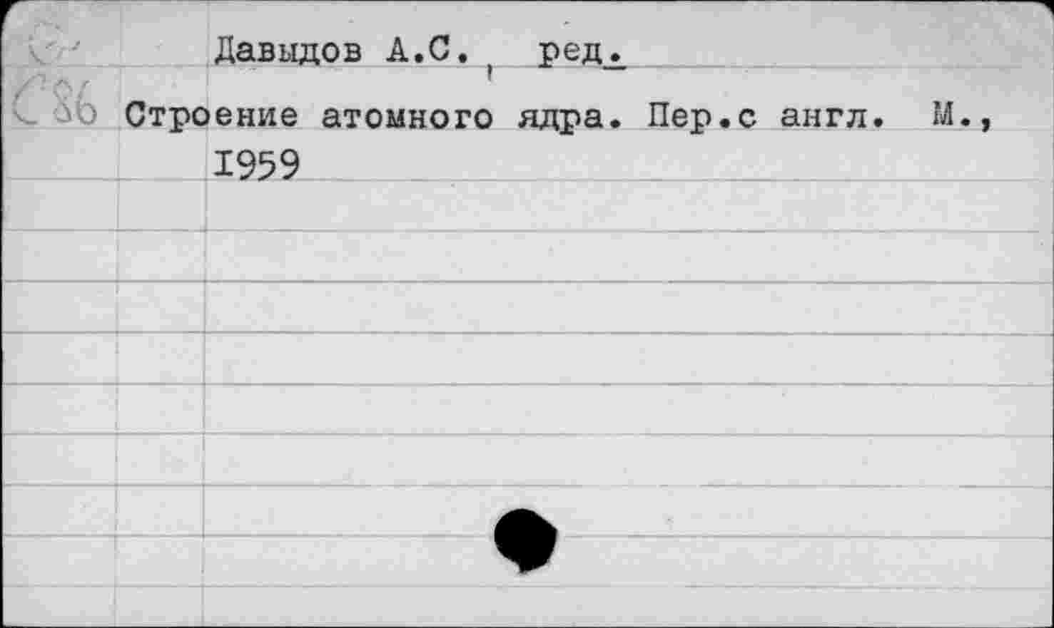 ﻿Давыдов А.С.	ред^
/'о/	7
< 'О Строение атомного ядра. Пер.с англ. М., 1959